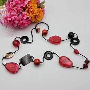 Red And Black Simulated Gemstone And Tagua Nut Station Cord Necklace 35 In Boho